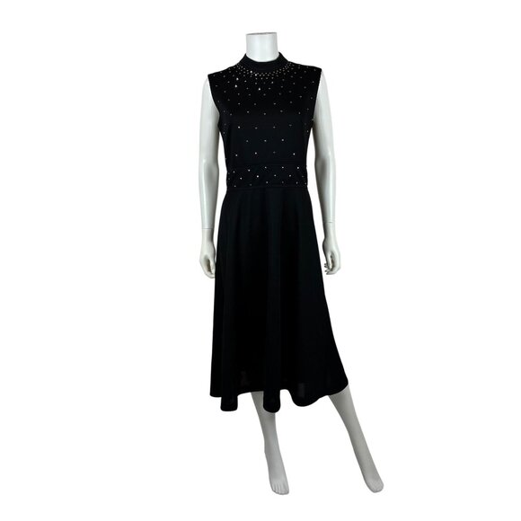 Vintage 70s Cocktail Dress Womens Medium Black Knit Silver Rhinestone Dolly Part
